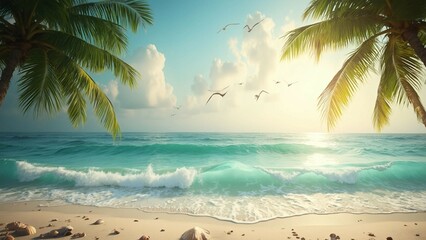 Naklejka premium Pristine Tropical Paradise - Turquoise Ocean Waves & Palm-Fringed Sandy Shoreline