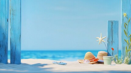 Obraz premium Tranquil Beach Scene with Summer Accessories and Clear Blue Water