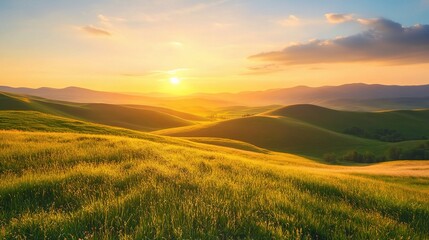 Fototapeta premium Golden Sunrise Over Rolling Hills in Soft Morning Light