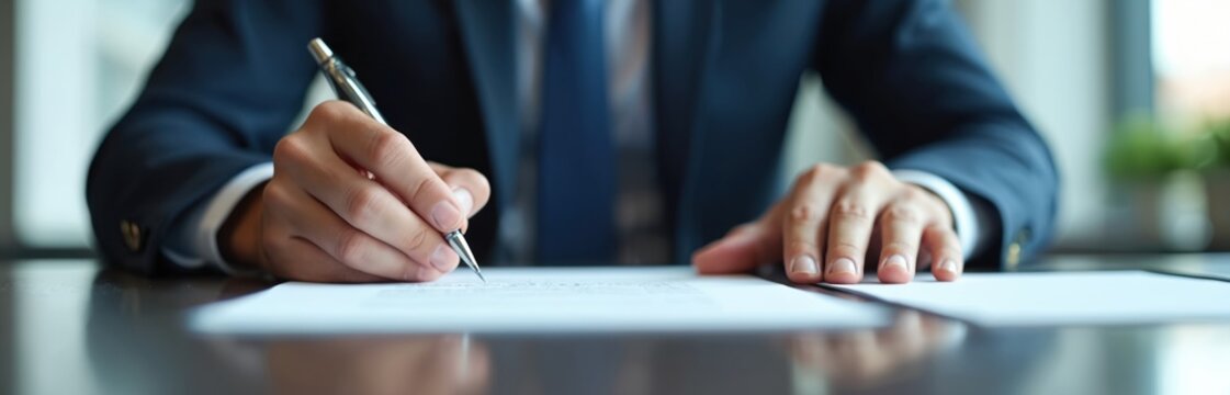 Close up of business person signs official document with pen. Businessman unaware of hidden fraudulent clauses or bad terms. Risk, compliance, disclosure, contract scrutiny concept.