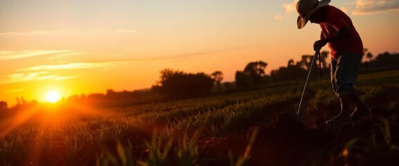 Sunset silhouette of figure digging in farmland, sunset,  rural scene