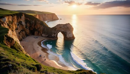 The stunning limestone arch of Durdle Door rises majestically from the turquoise waters of the English Channel. The beach below is lively with people sunbathing, children playing in the sand, 