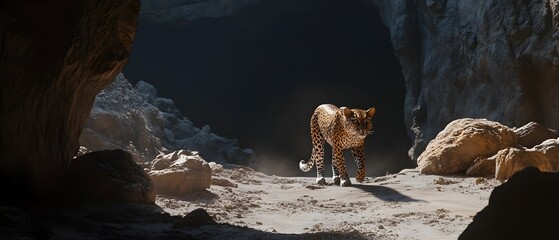 A powerful cheetah carefully navigating through the entrance of a rugged rocky cave in a remote arid landscape showcasing the animal s natural habitat and instinct for