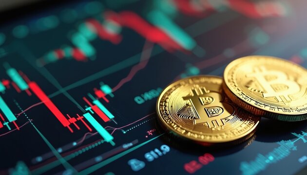 Close-up shot of golden Bitcoin coins over financial chart background. Crypto ETF approval concept. Bitcoin crypto currency is future global money. Trade investment technology.