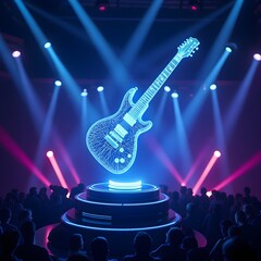 A 3D-rendered holographic guitar with a luminous cyan wireframe outline, floating above a futuristic music studio desk filled with digital sound equipment. The studio is dimly lit, with glowing LED 