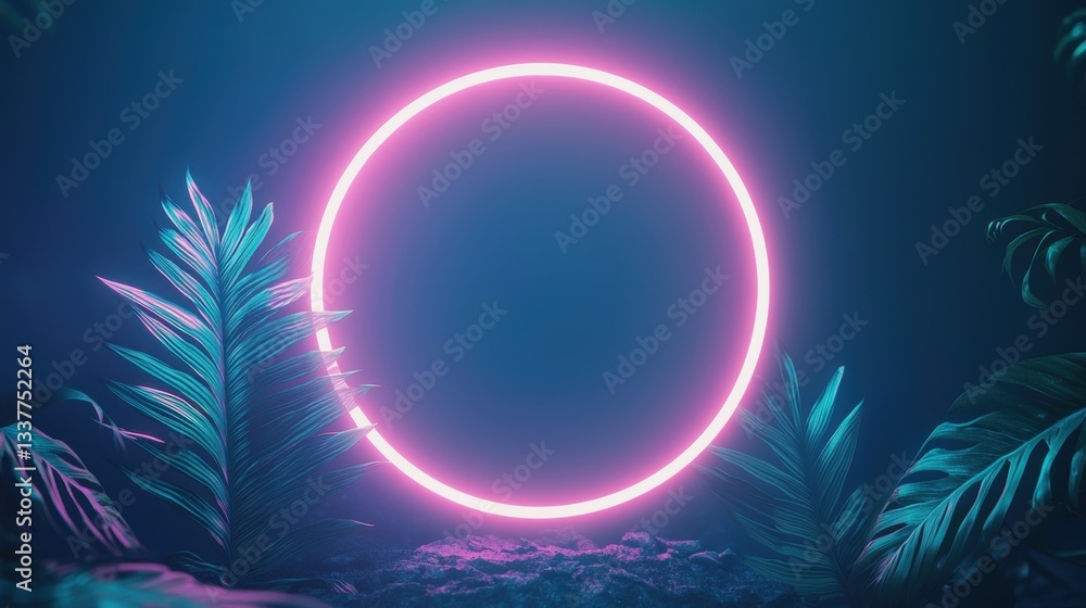Poster geometric neon frame with leave circular neon frame glowing in soft pink against a dark backdrop, wi