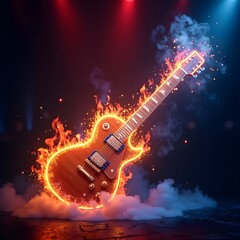 A glowing neon outline of an electric guitar made of roaring orange and blue flames, set against a dark concert stage. Smoke and sparks rise from the strings, creating a dramatic and energetic atmosph