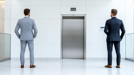 Confident businessmen waiting for elevator in modern office space