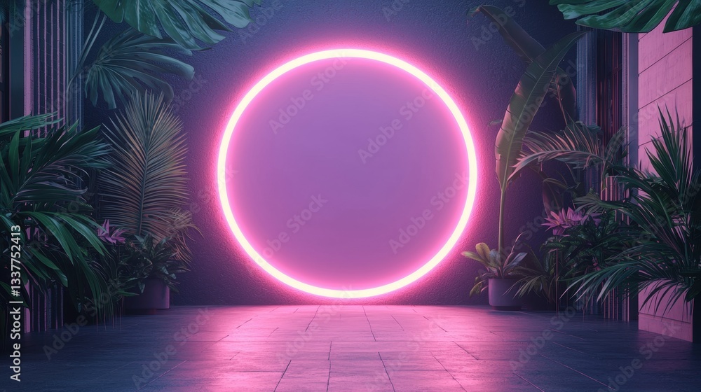 Poster neon light border with jungle foliage circular neon border in soft pink surrounding a dark backdrop 