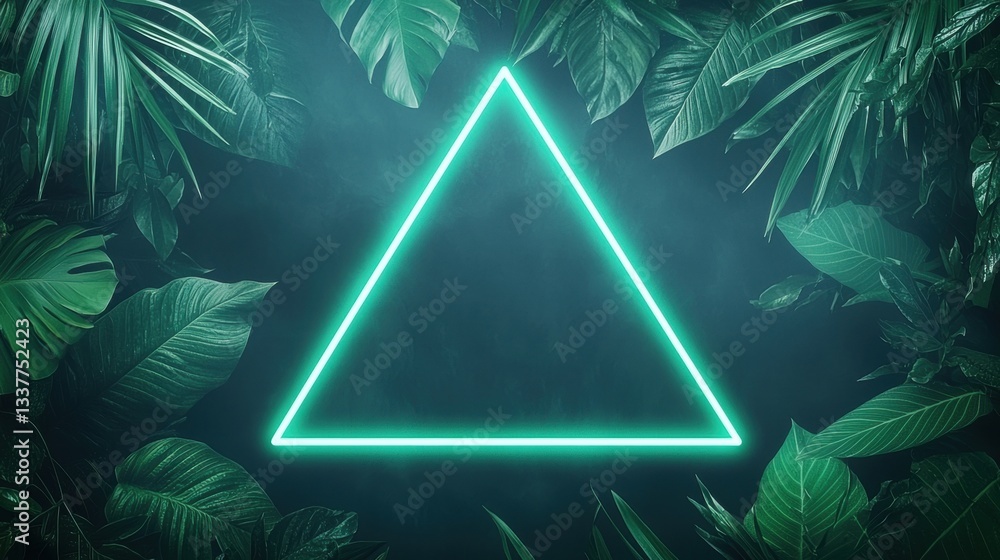 Poster neon light border with jungle foliage triangular neon border in vibrant green enclosing a dark backg