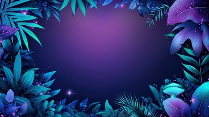 Neon Light Border with Jungle Foliage Square neon border in cool purple surrounding a dark background with mysterious jungle plants and glowing mushrooms, creating an enchanting, otherworldly