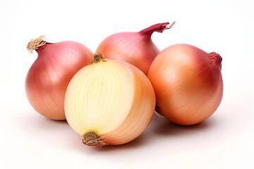 pile of onions, their pungent taste and unique aroma isolated on white background