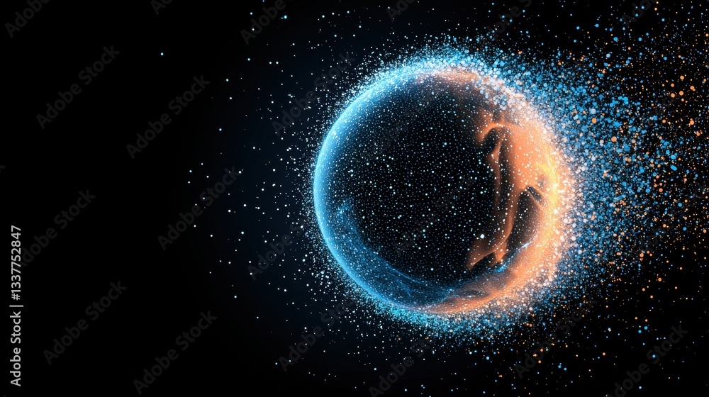 Poster digital data particle digital particles forming a globe shape against a dark background, representin