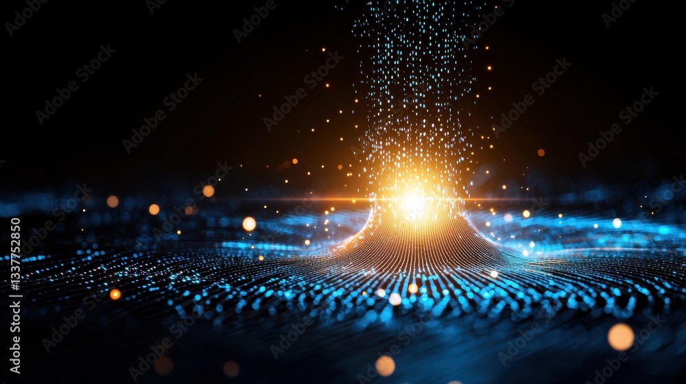 Poster digital data particle digital particles swirling around a central point against a black backdrop, sy