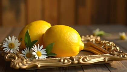 A lifestyle photograph of a rustic wooden table where a fresh lemon and white daisies rest delicately on an ornate gold picture frame. The frame’s intricate floral engravings shimmer under the golden 