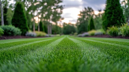 Freshly Mowed Lawn A vibrant green, perfectly striped lawn extending into the distance, showcasing the precision and artistry of lawn care.