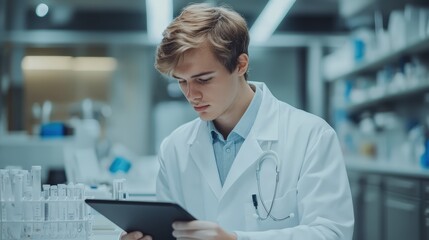Young scientist conducts research in a modern laboratory while analyzing data on tablet