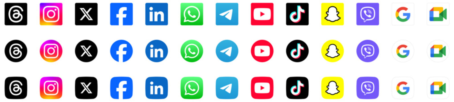 social media icon set or social network logos , facebook, instagram, threads, x, youtube, whatsapp, telegram, viber, tiktok, snapchat, linkedin, google meet, vector icons buttons