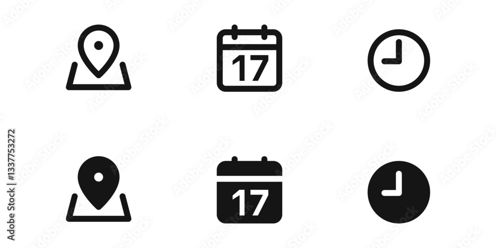 Fototapete address location icon. stopwatch timer icon. date calendar icon - web icons set