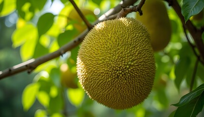 A scenic, wide-angle shot of a towering jackfruit tree in the heart of a tropical forest, with multiple large jackfruits growing directly from its thick trunk. The deep green leaves contrast against 