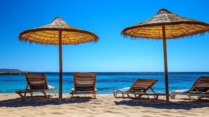 Obraz premium Photograph of palm trees and beach chairs