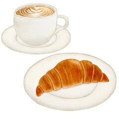 水彩で描いた皿に乗ったクロワッサンのイラスト　コーヒー