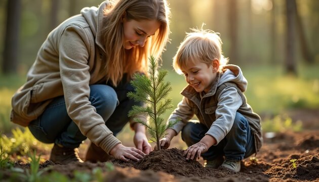 Mom and son plant tree together in forest. Child boy helps mother work in garden with dirty hands from soil. Plant growing, environment ecology, new life concept.