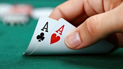 Dramatic close-up of poker player's hand revealing a strong winning card
