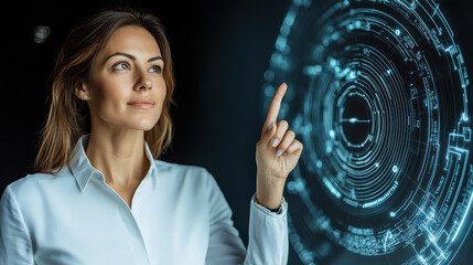 female tech entrepreneur interacting with futuristic technology