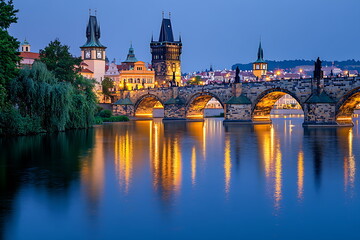 Prague cityscape with river and bridges at blue