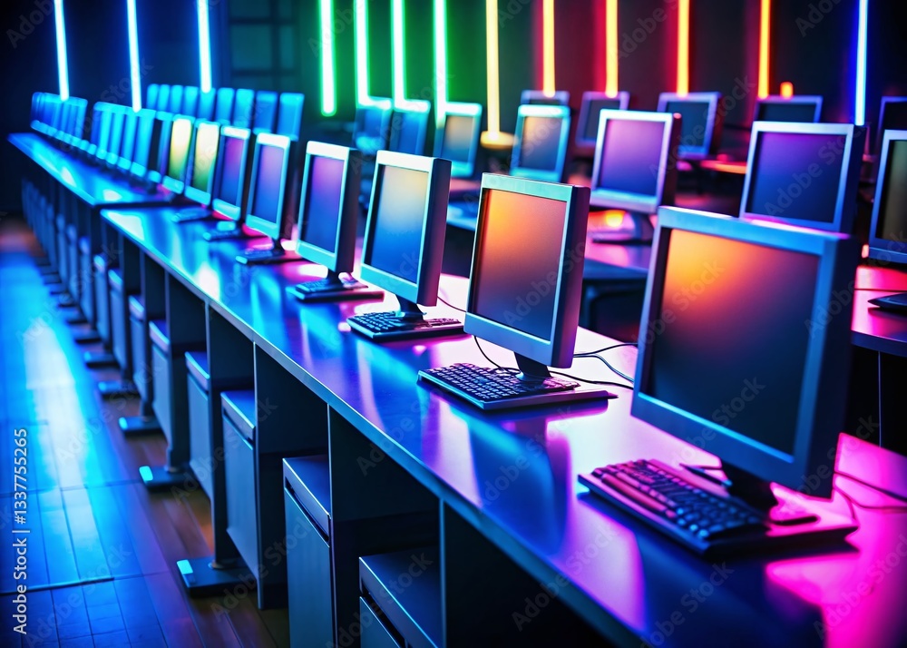 Poster neon glow: rows of computer monitors in a late-night computer lab