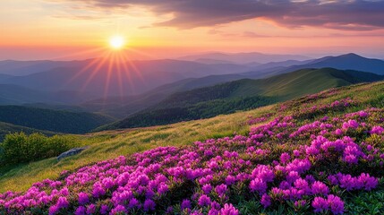 Fototapeta premium Breathtaking Sunrise Over Spring Mountains with Blooming Flowers
