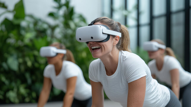 Futuristic virtual reality fitness class with participants enjoying exercise