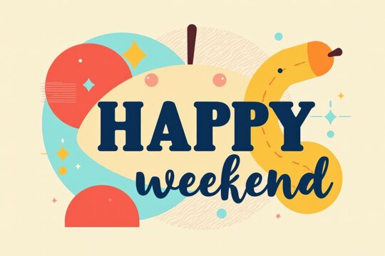 Colorful and Whimsical 'Happy Weekend' Typography with Playful Shapes and Vivid Patterns for Creative Greeting Cards or Social Media Posts