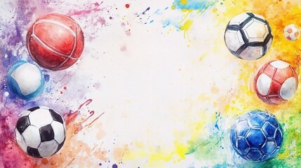 Colorful Watercolor Sports Balls Arrangement on Artistic Background