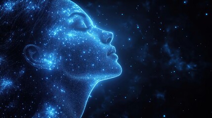 Woman's face, particles, stars, dark background, digital art