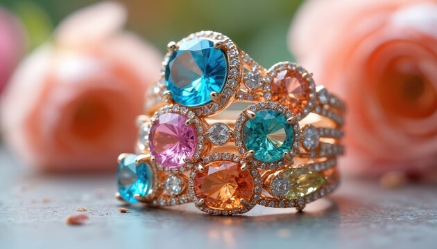 Closeup of gemstone rings stack with bokeh. Fashion jewellery with colourful gems, diamonds, gold setting. Luxury sparkle rings for engagement, wedding, gifts, romance, anniversary, timeless