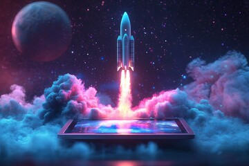 A spaceship launching from a tablet into a colorful starry sky