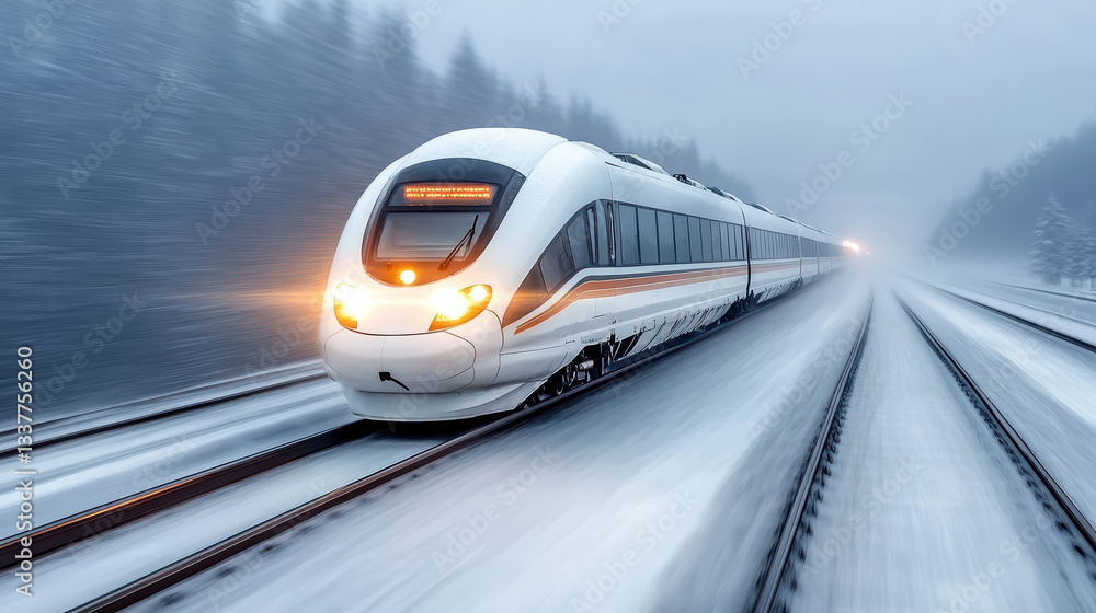 Poster high speed train moves swiftly through dense fog and snow, creating dramatic scene