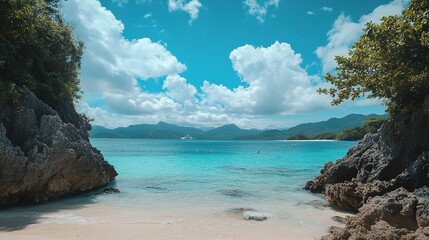 Fototapeta premium Stunning Tropical Beach View with Crystal Clear Waters and Rocks