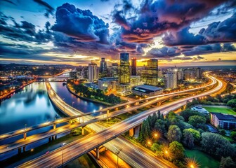 Fototapeta premium Night Aerial City Highway Traffic Skyline River Clouds Low Light Photography