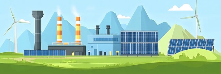 Eco-friendly energy complex featuring solar panels, wind turbines, and factory on green hills