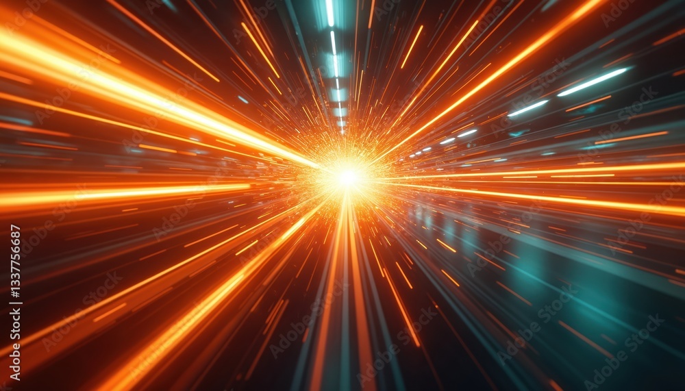 Poster an explosion of orange and light blue rays conveys tech speed. dynamic motion effect, futuristic vib
