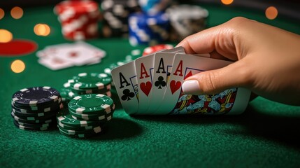 Poker hand displaying a full house on a table with chips and cards scattered