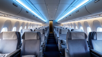 Spacious airplane cabin with comfortable seats and ambient lighting