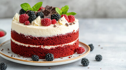 Luxurious red velvet cake topped with fresh berries and chocolate pieces