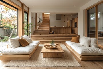 Fototapeta premium Japanese minimalist living room with two sofas, light wooden coffee table, and stairs leading to the kitchen, featuring white walls and natural lighting.