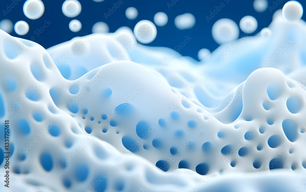 Poster abstract representation of foam and bubbles, showcasing textures and patterns in a serene blue backg