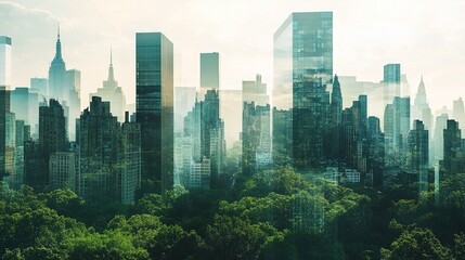 Lush Green Forest Blending with Urban Cityscape Double Exposure