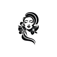 Silhouette of a woman with long hair in profile with flower design, beauty, and glamour elements
